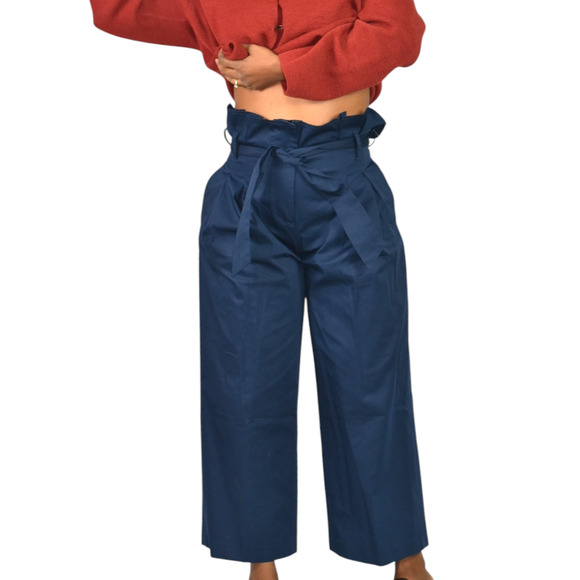 M Martin Pants Blue Cotton Sateen Trousers Wide Loose Straight Crop Paperbag 2 - Picture 1 of 14